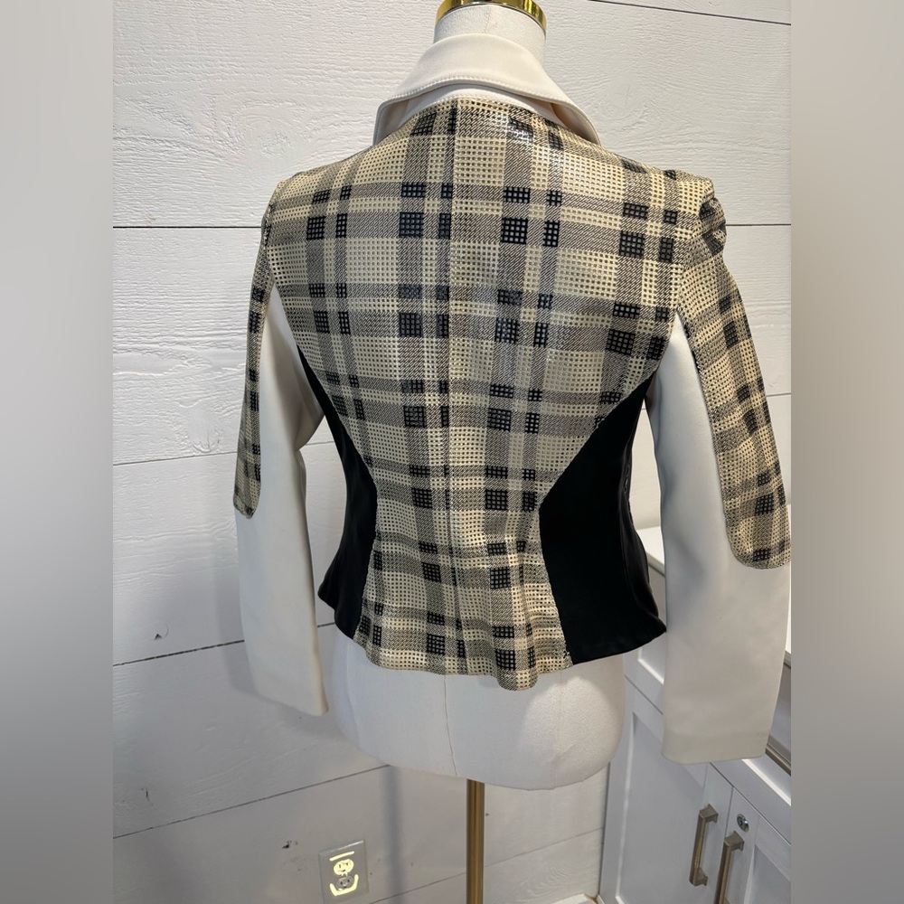 DROME Leather Moto Jacket S Plaid Panel Italy | Cream Black Asym Zip Lambskin - Picture 2 of 9